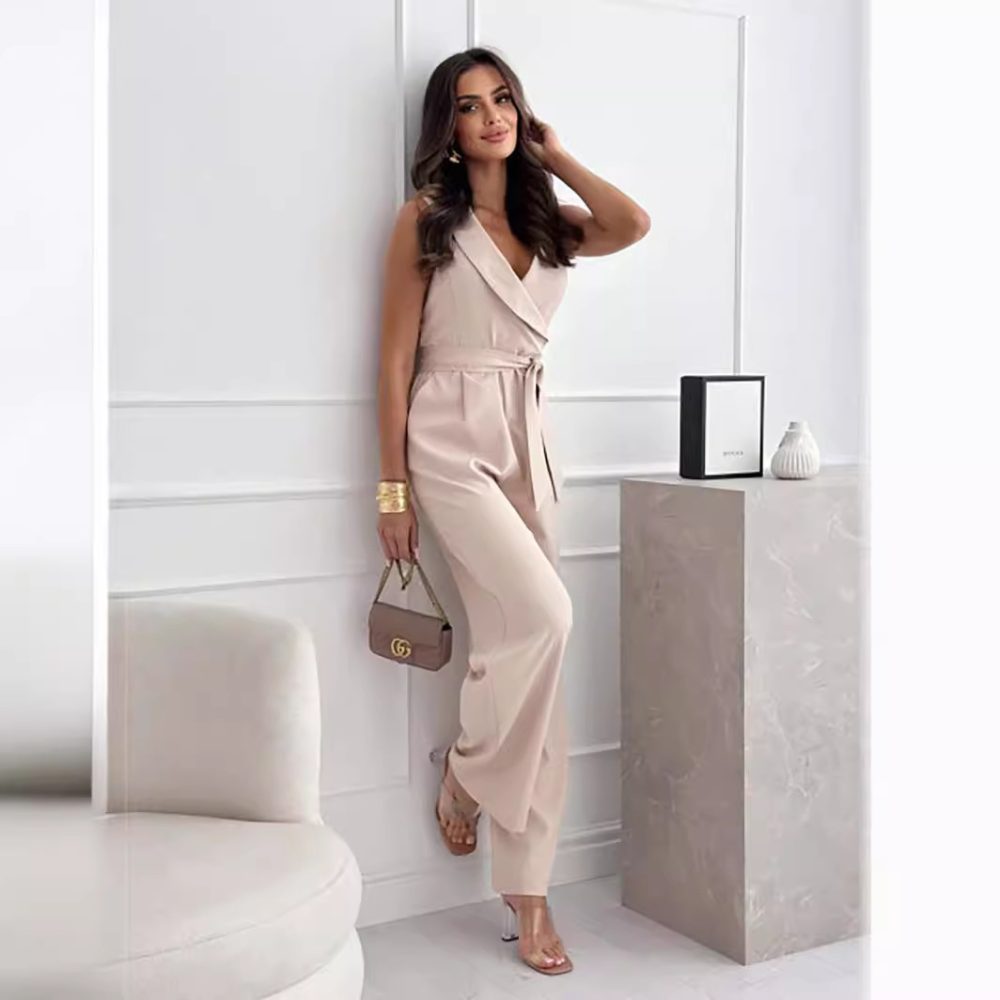 Comfort And Casual Solid Color And V-neck Sleeveless Jumpsuit - Image 4
