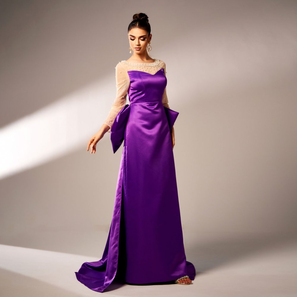 Long Sleeve Round Neck Party Beaded Big Bow Evening Dress - Image 2