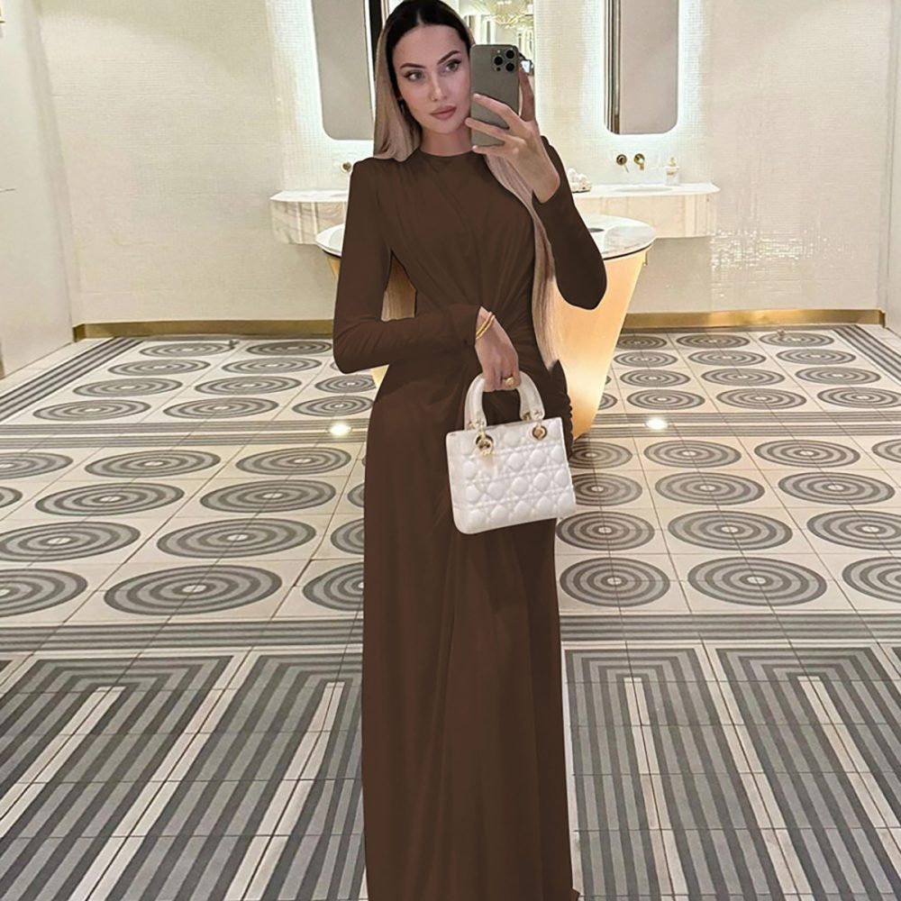 Solid Color Slim Fit Round Neck Long Sleeves Dress - Image 9