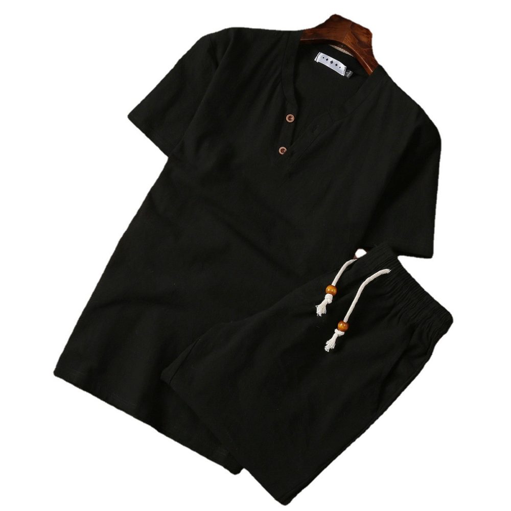 Cotton And Linen Two-piece Buckle Suit Casual V-neck Two-piece Set - Image 5