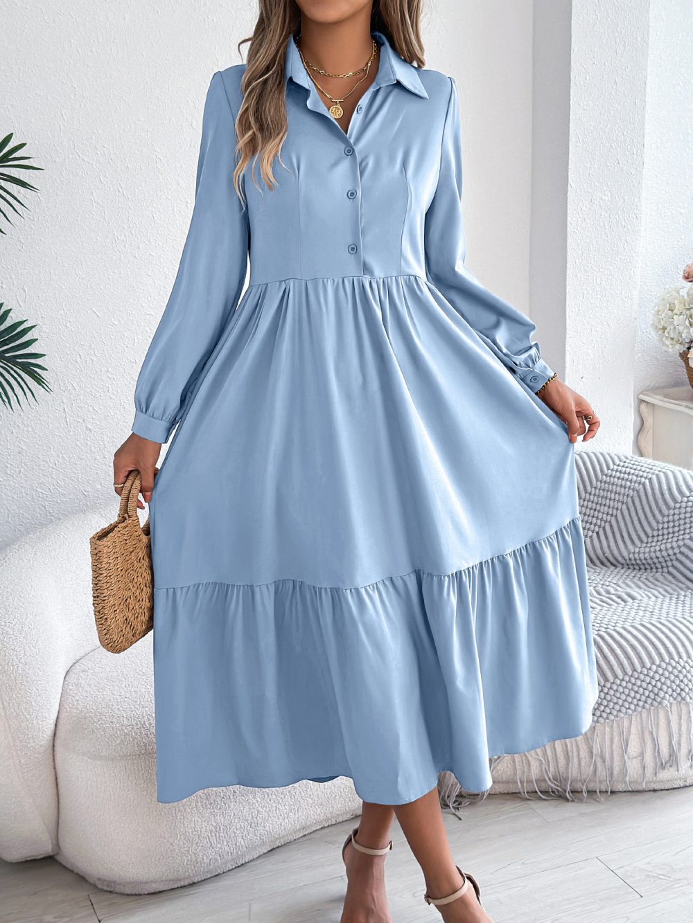 Women's Lapel Casual Loose Long Sleeve Ruffled Shirt Dresses Long Sleeved Turn-down Collar Single-Breasted Dress Spring Autumn Fashion Women's Clothing For Vacation - Image 9