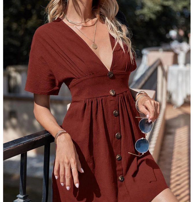 Deep V-neck Cotton And Linen Women's A-line Skirt