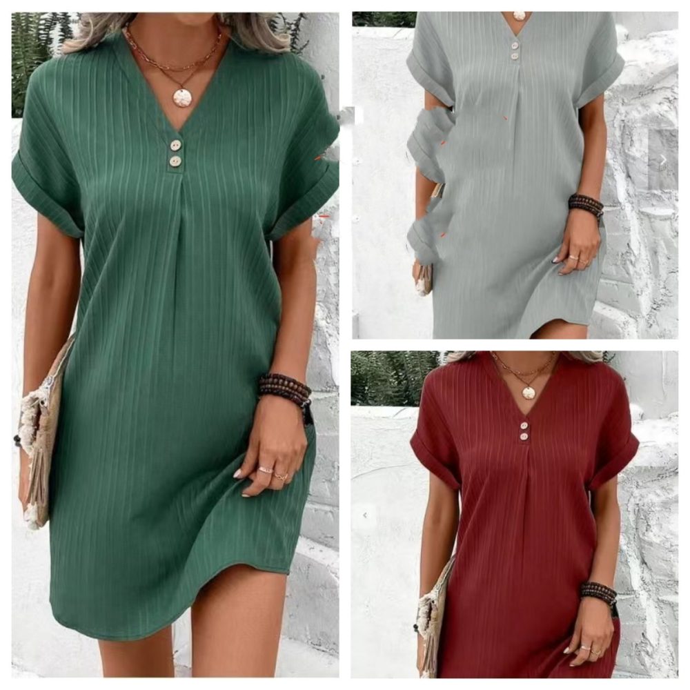 Women's Trendy New V-neck Solid Color Pullover Leisure Button Dress - Image 7