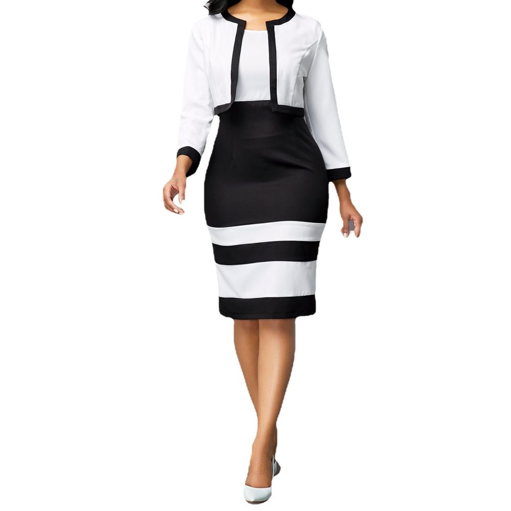Women's Patch High Waist Slim-fit Contrast Colors Commuter Business Dress Two-piece Set - Image 5
