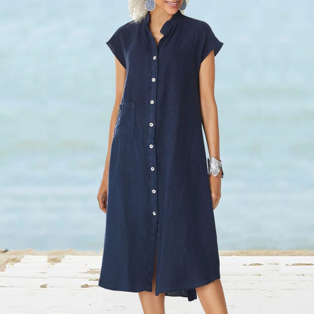 Cardigan Stand Collar Single-breasted Cotton And Linen Pocket Dress - Image 7