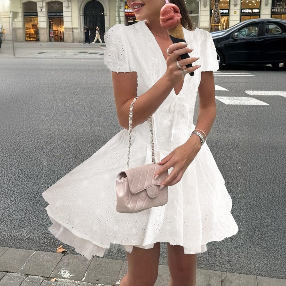 Casual Vacation Style Solid Color Hollow Dress Women - Image 4