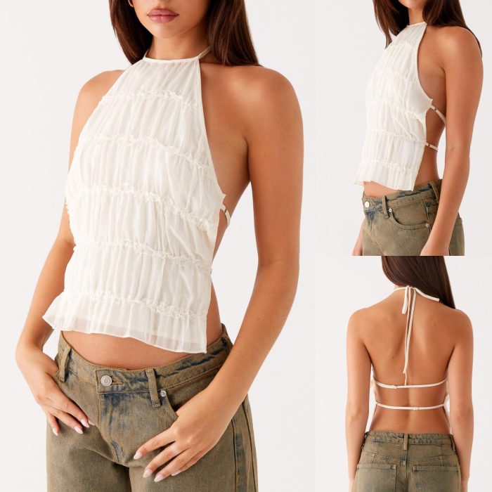 Solid Color Neck Lace Sexy Backless Spaghetti Straps Top