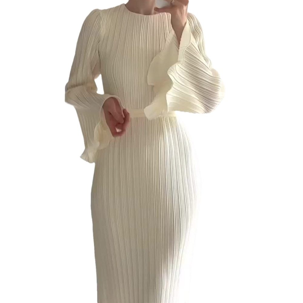 Elegant Pleated Bell Sleeve Mid-length Dress Women's Clothing - Image 2