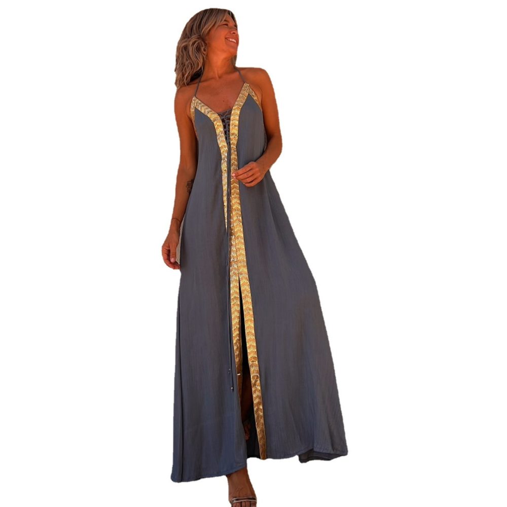 European And American Spring And Summer Lace-up Halterneck Dress Leisure Loose Vacation Large Swing Dress - Image 5
