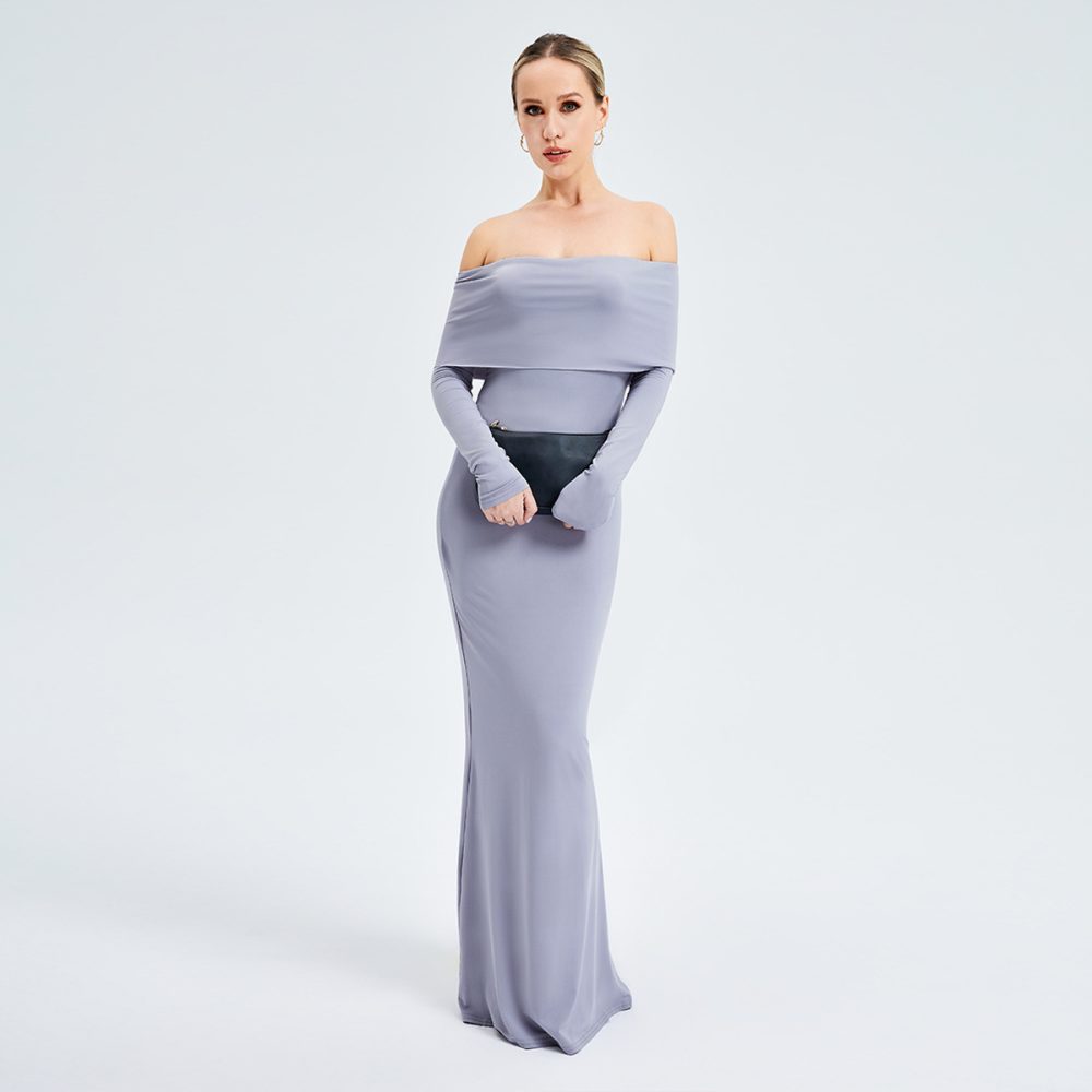 Elegant Off-shoulder Long-sleeved Long Dress - Image 5