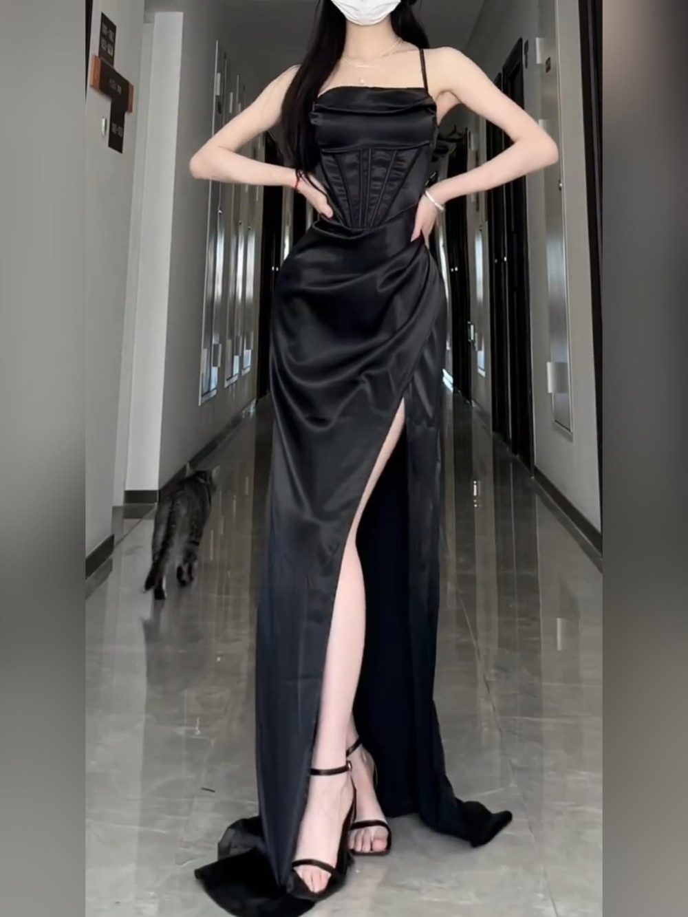Long Formal Plus Size Black Slit Sling Dress - Image 9