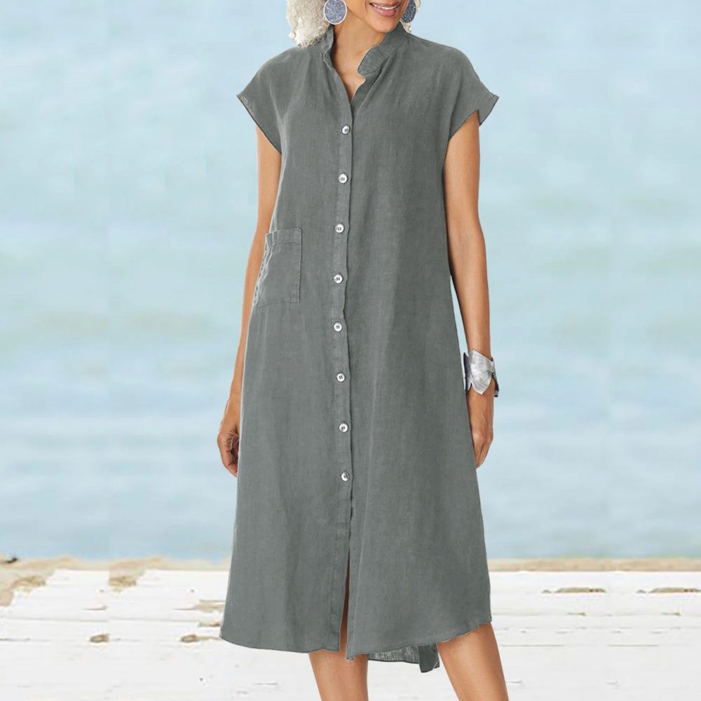 Cardigan Stand Collar Single-breasted Cotton And Linen Pocket Dress - Image 2