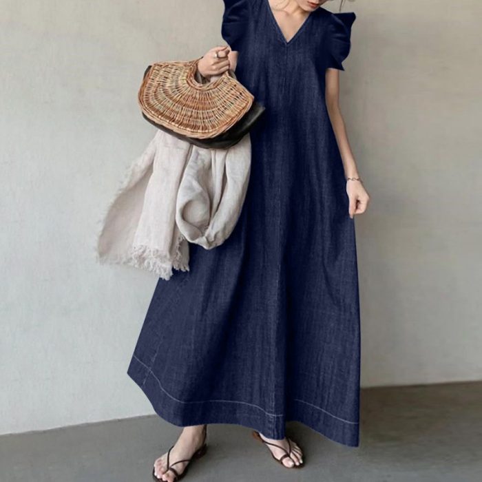 Denim Solid Color V-neck Bohemian Loose Large Size Long Dress