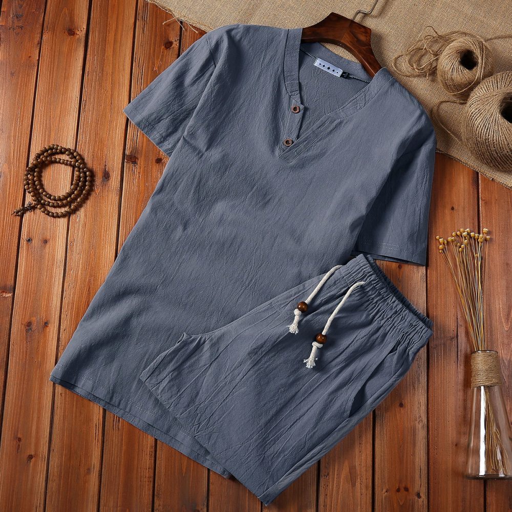Cotton And Linen Two-piece Buckle Suit Casual V-neck Two-piece Set - Image 9