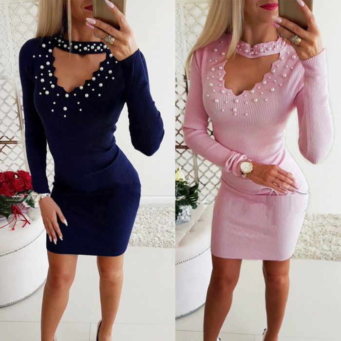 Fashion Pearl V-neck Fluted Collar Sexy Slim Solid Color Dress