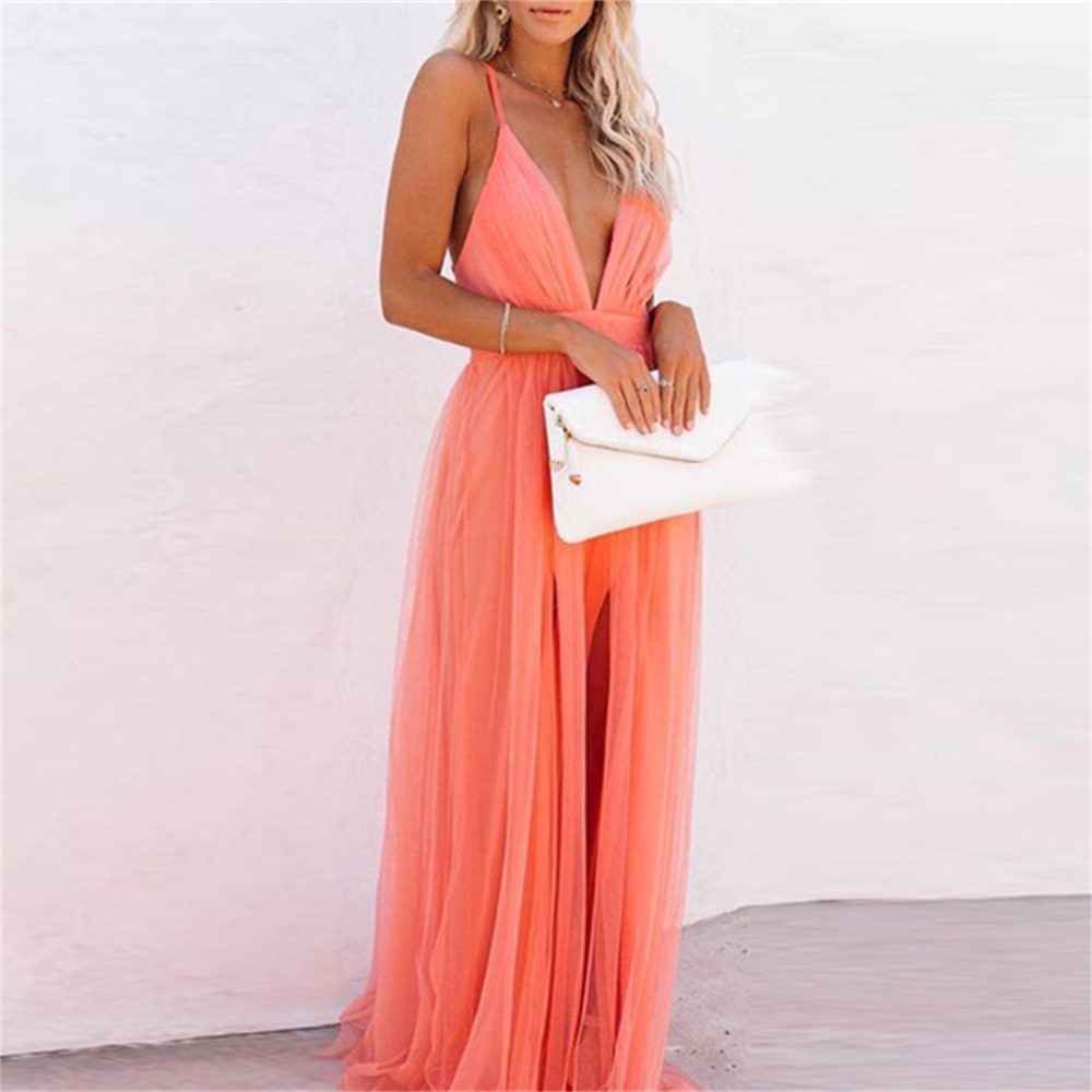 Women's Fashionable Elegant Orange Suspender Gauze Dress - Image 4