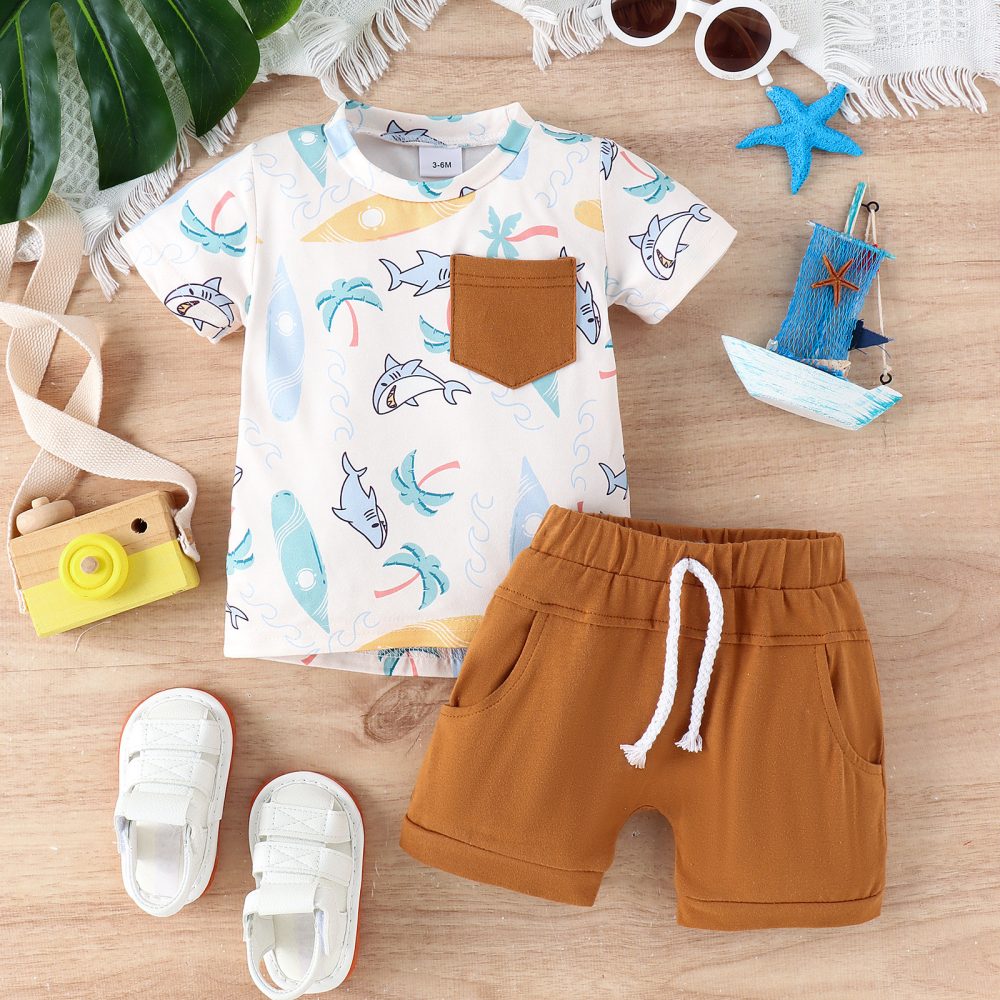 Summer Children's Turtle Shark Print Short Sleeve Suit - Image 3