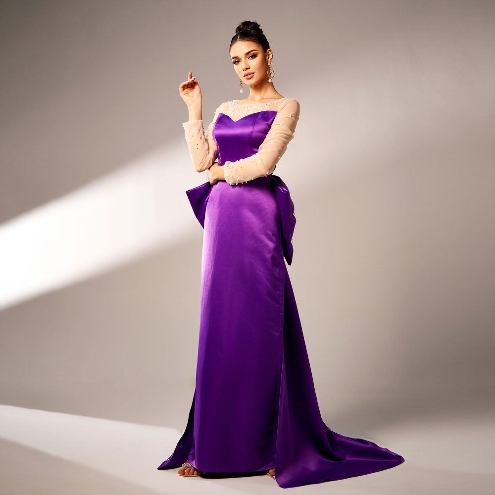 Long Sleeve Round Neck Party Beaded Big Bow Evening Dress - Image 4