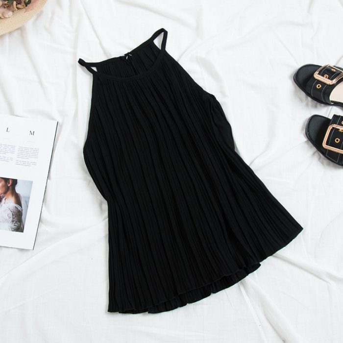Vintage Pleated Chiffon Halter Spaghetti Straps Vest Female Elegance Sleeveless Bottoming Shirt Top Student