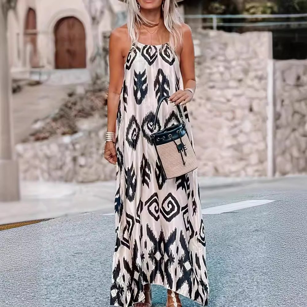 All-match Loose Printed Long Sleeveless Pullover Suspender Skirt - Image 5