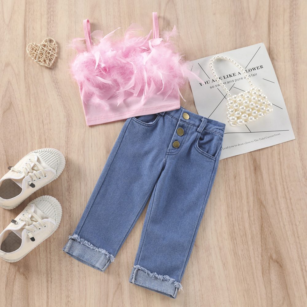 New Girls' Solid Color Sling Top Denim Trousers Suit - Image 2