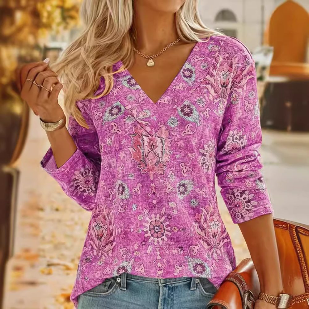 Big Size Bohemian Printed Long Sleeve T-Shirt Summer Fashion V-Neck Top Beach Clothing For Women - Image 3