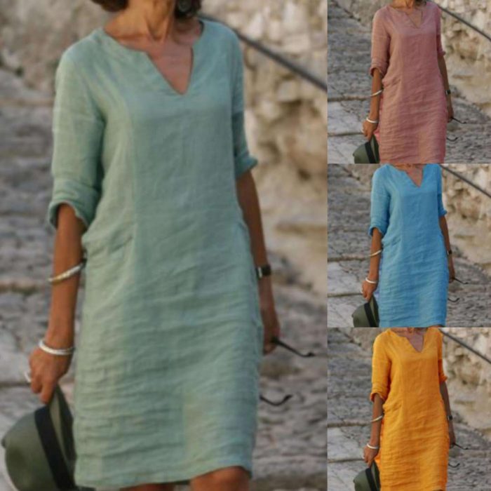 Europe And America Autumn Solid Color V-neck Medium Length Dress