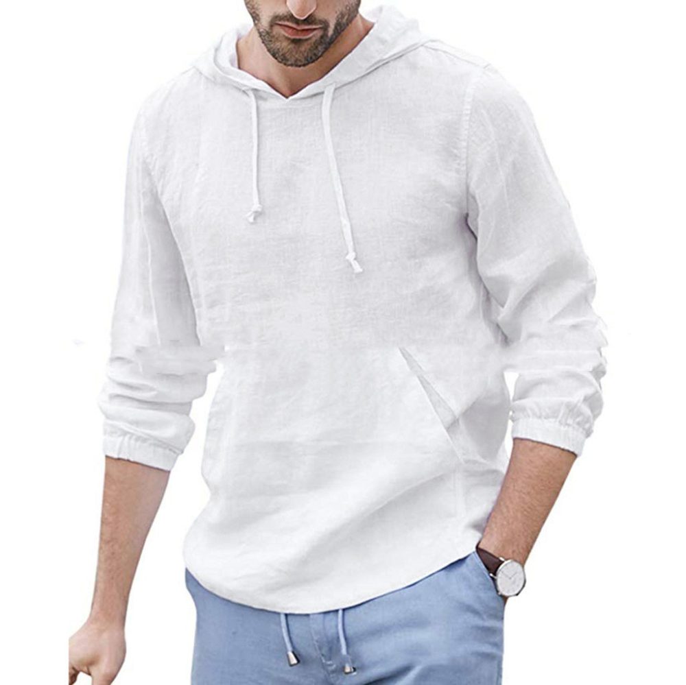 Men's Long-sleeved Hooded Cotton And Linen Shirt - Image 3