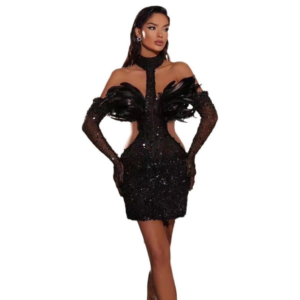 Dress Halter Feather Sequins Short Hip Skirt With Gloves Dress - Image 5