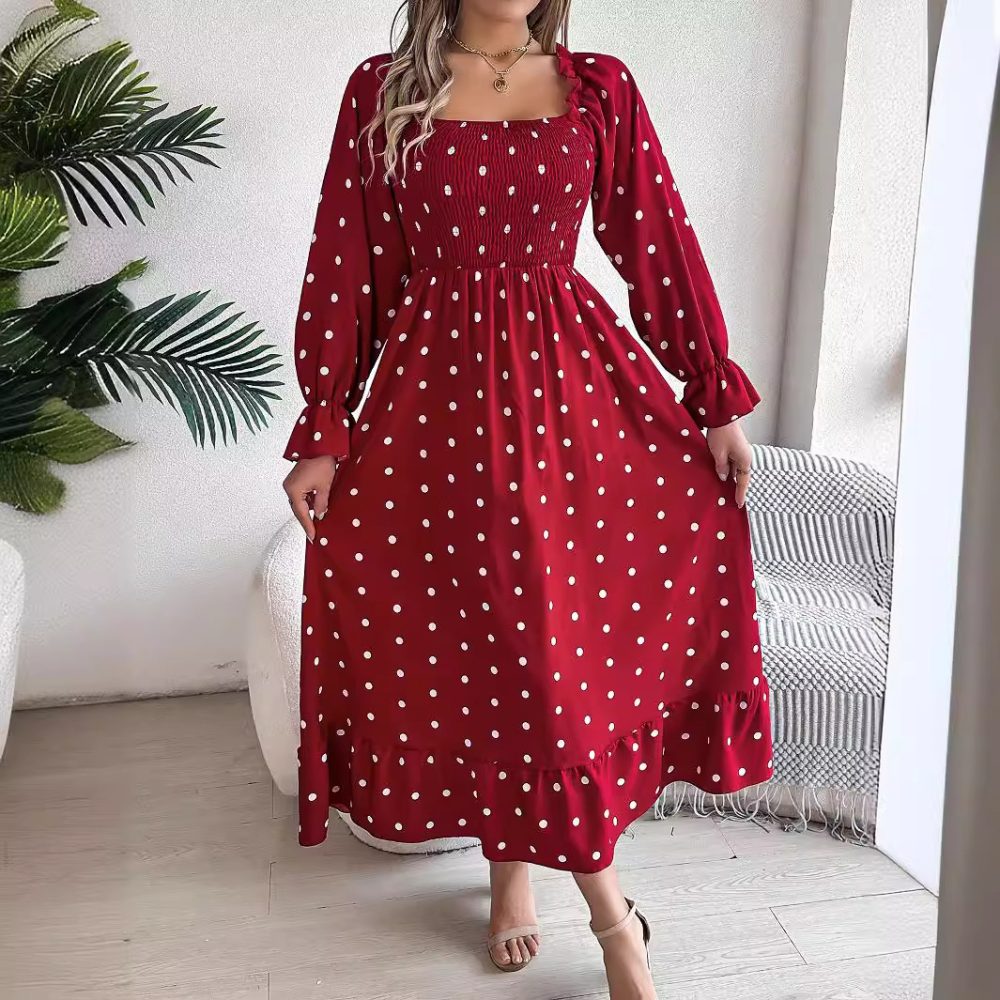 Casual Square Collar Polka Dot Swing Dress With Wooden Ears - Image 4