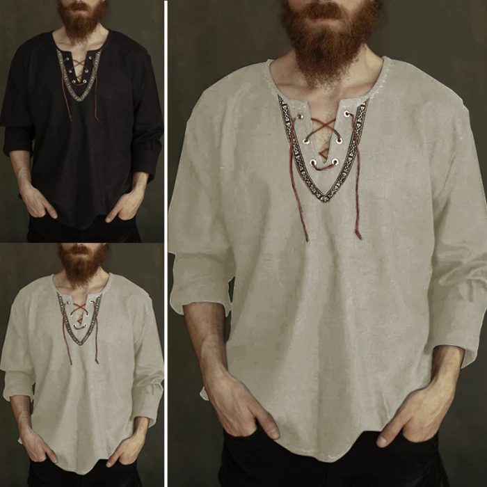 Men's Casual Loose Drawstring Stitching Printed V-neck Long-sleeved Shirt