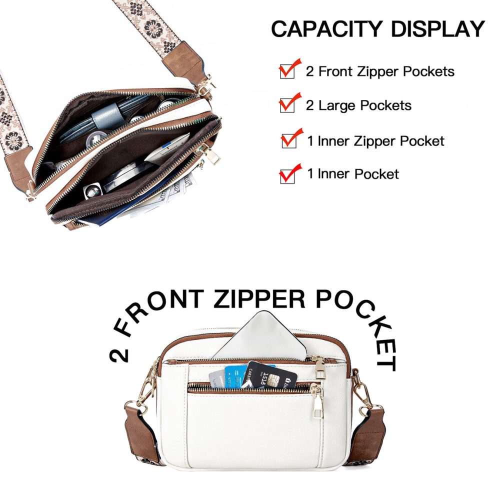 Triple-zipper Shoulder Bag With Floral Embroidered Straps Fashion Colorblock Multi-functional Crossbody Bags For Women - Image 3