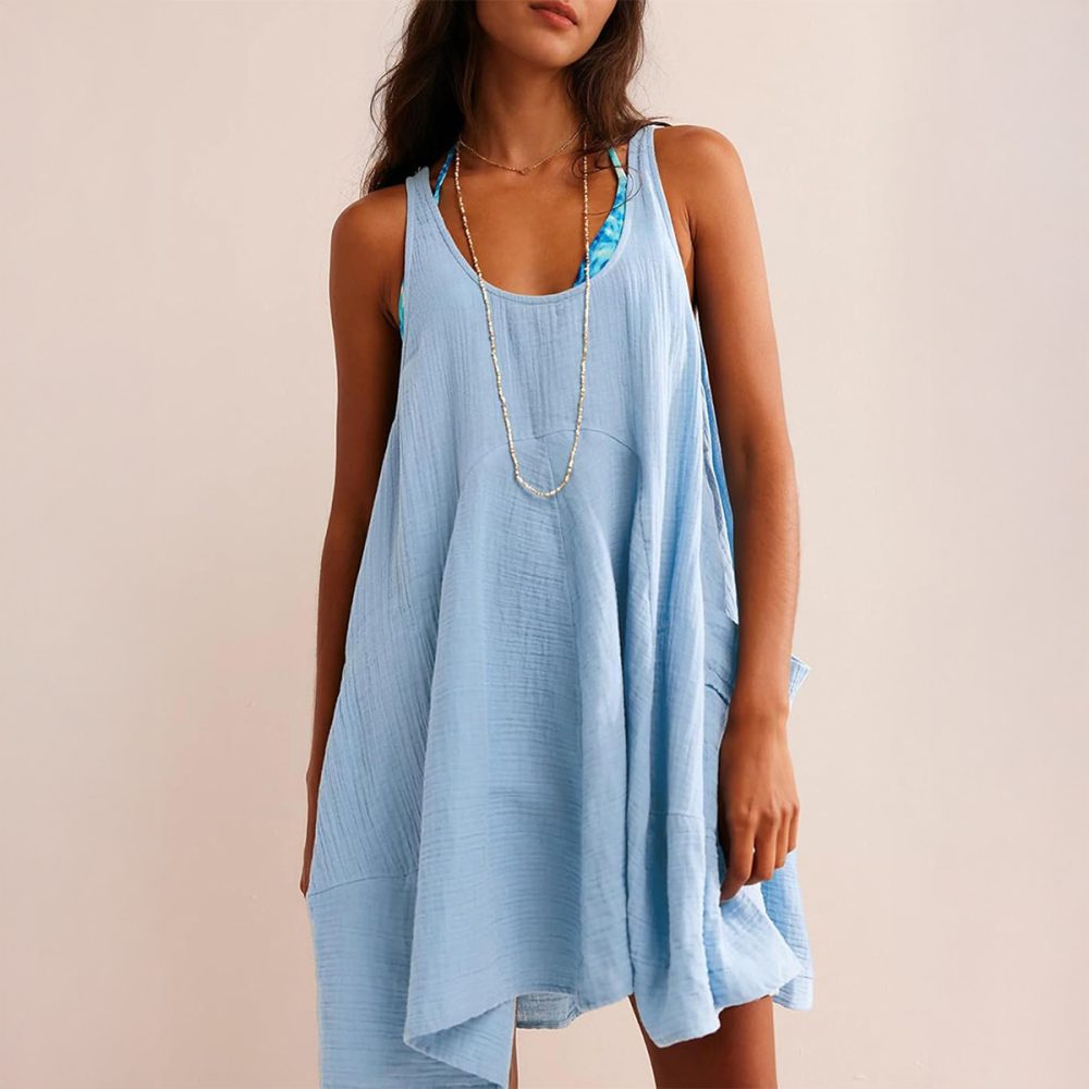 Casual Loose Vacation Style Solid Color Pocket Dress Short Skirt Women's Clothing - Image 4