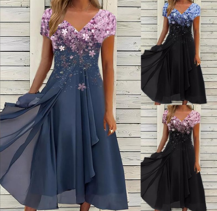 Chiffon Patchwork Floral Ladies Chiffon Dress