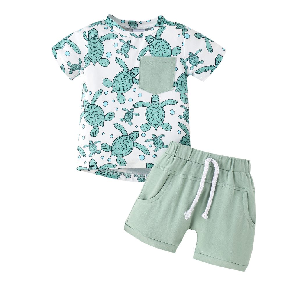 Summer Children's Turtle Shark Print Short Sleeve Suit - Image 5
