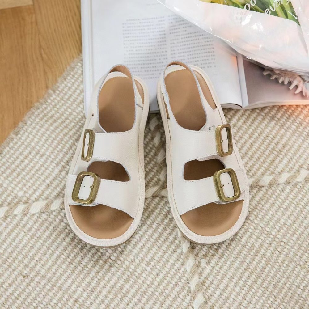Women's Flat Cool First Layer Cowhide Soft Bottom Belt Buckle Beach Outer Wear Ankle-strap Sandals - Image 5