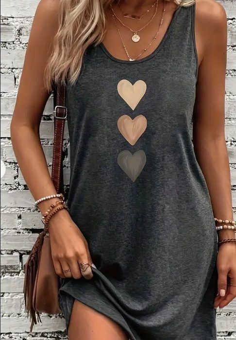 Heart Print Crew Neck Tank Dress, Casual Sleeveless Dress For Spring & Summer, Women's Clothing