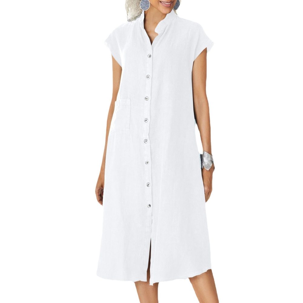 Cardigan Stand Collar Single-breasted Cotton And Linen Pocket Dress - Image 5