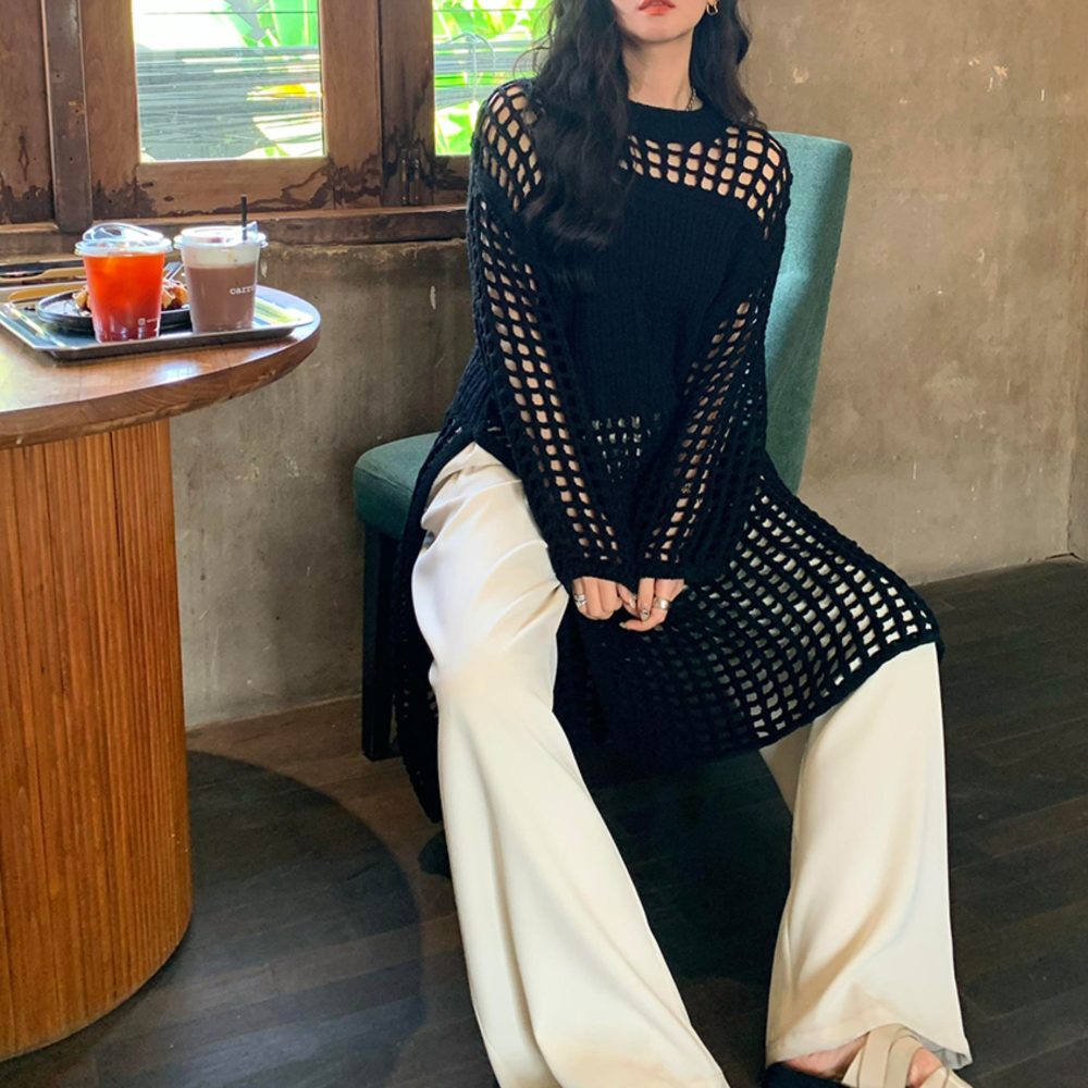 Elegant French Lace Knit Dress, Mandarin Collar Tunic For Layering, Resort Wear - Image 4
