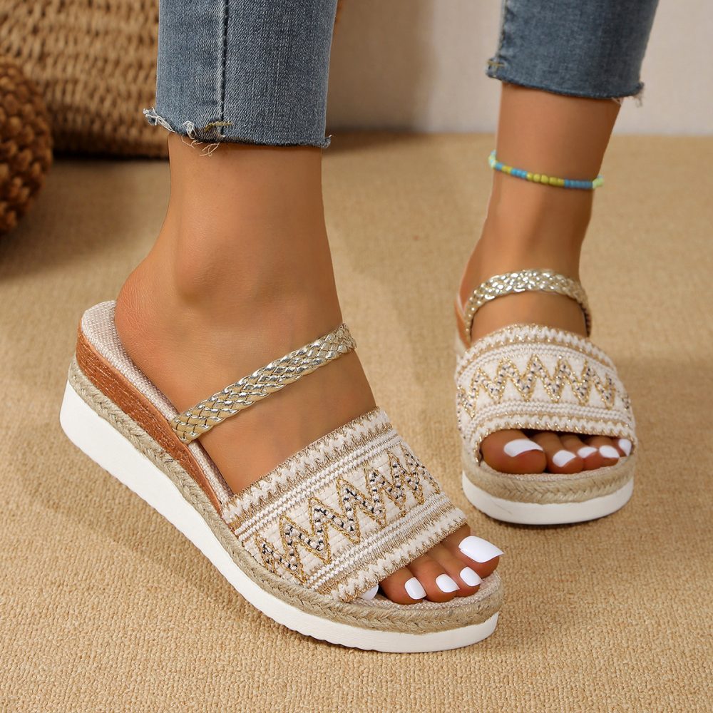 New Color-blocked Wave-patterned Sandals Summer Fashion Wedges Slippers Outdoor Ethnic Style One-line Thick-soled Shoes For Women - Image 2