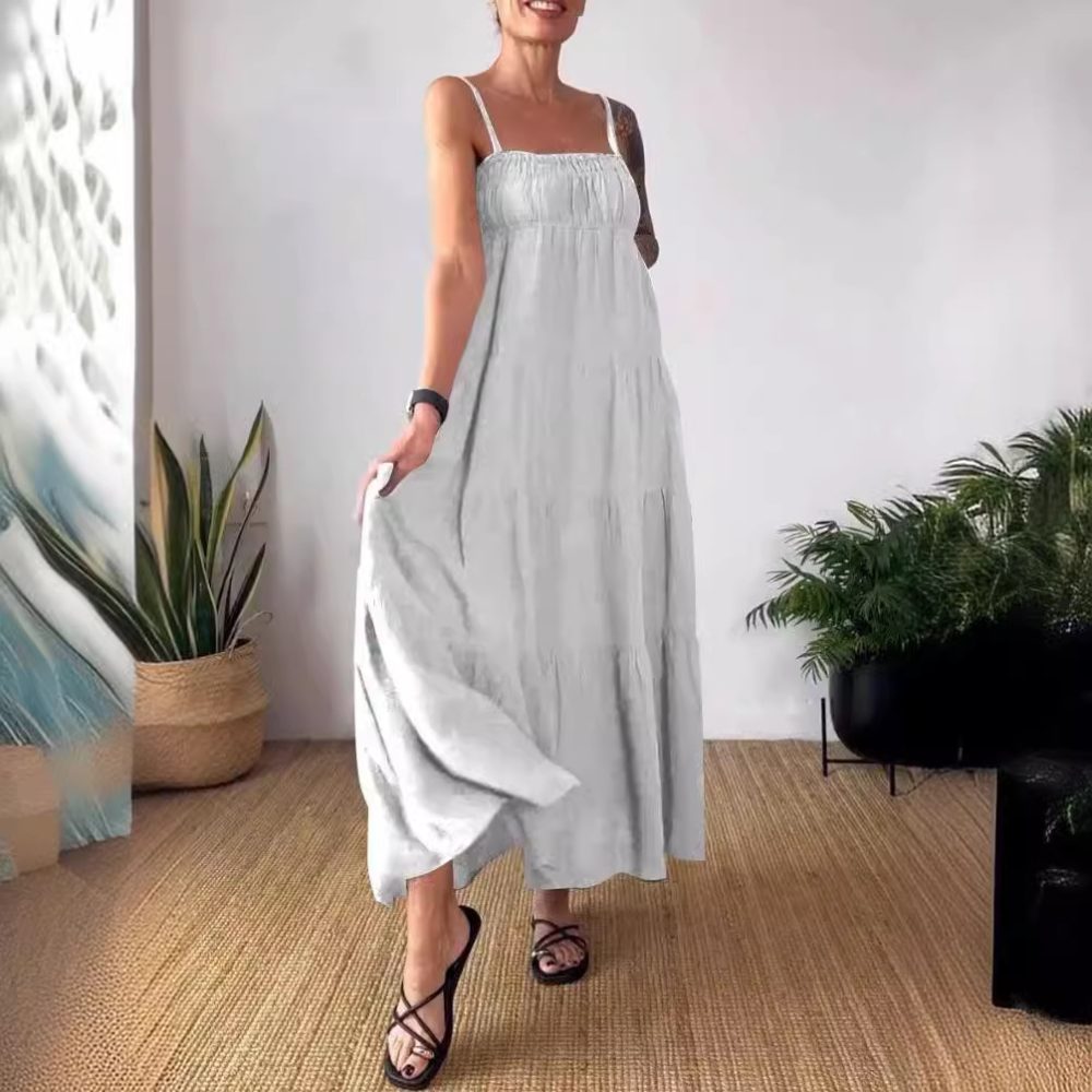 Women's Solid Color Casual Chest Wrap Pleated Suspender Dress - Image 4