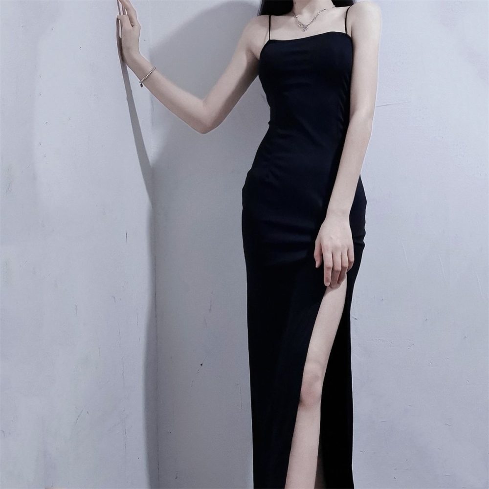 Young Hot Girl Pure Desire Style Design Sense Adult Lady Like Woman Black Slit Hip Dress - Image 4
