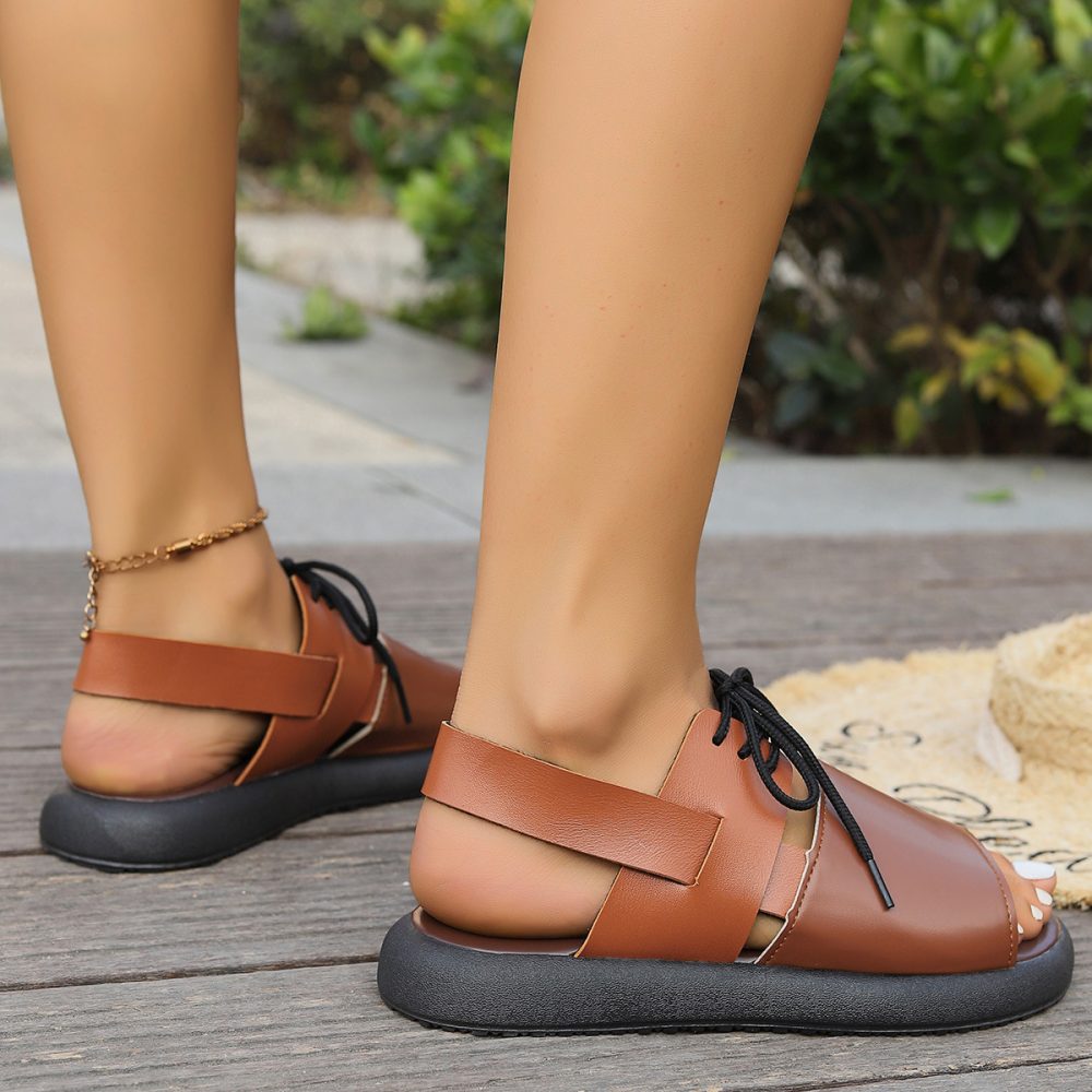 Color-block Lace-up Roman Sandals For Women Summer New Fashion Flat Fish Mouth Beach Shoes - Image 4