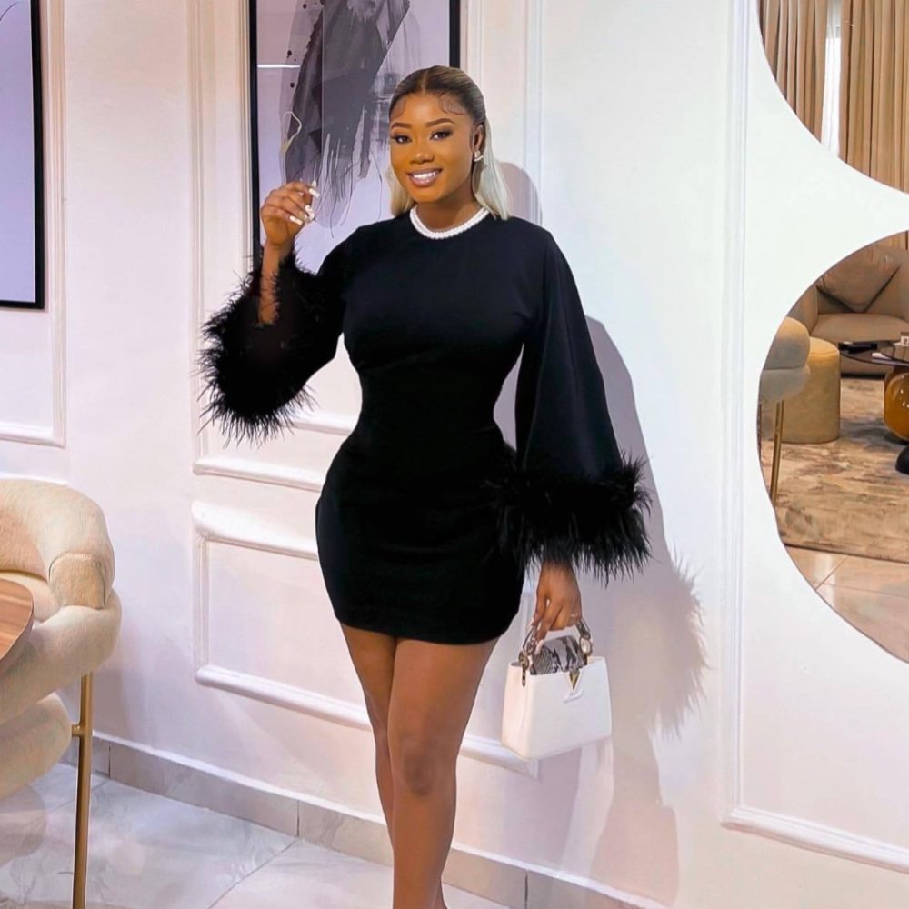 Autumn Elegant Square Collar Ostrich Feather Long Sleeve Socialite Lightly Mature Dress - Image 5