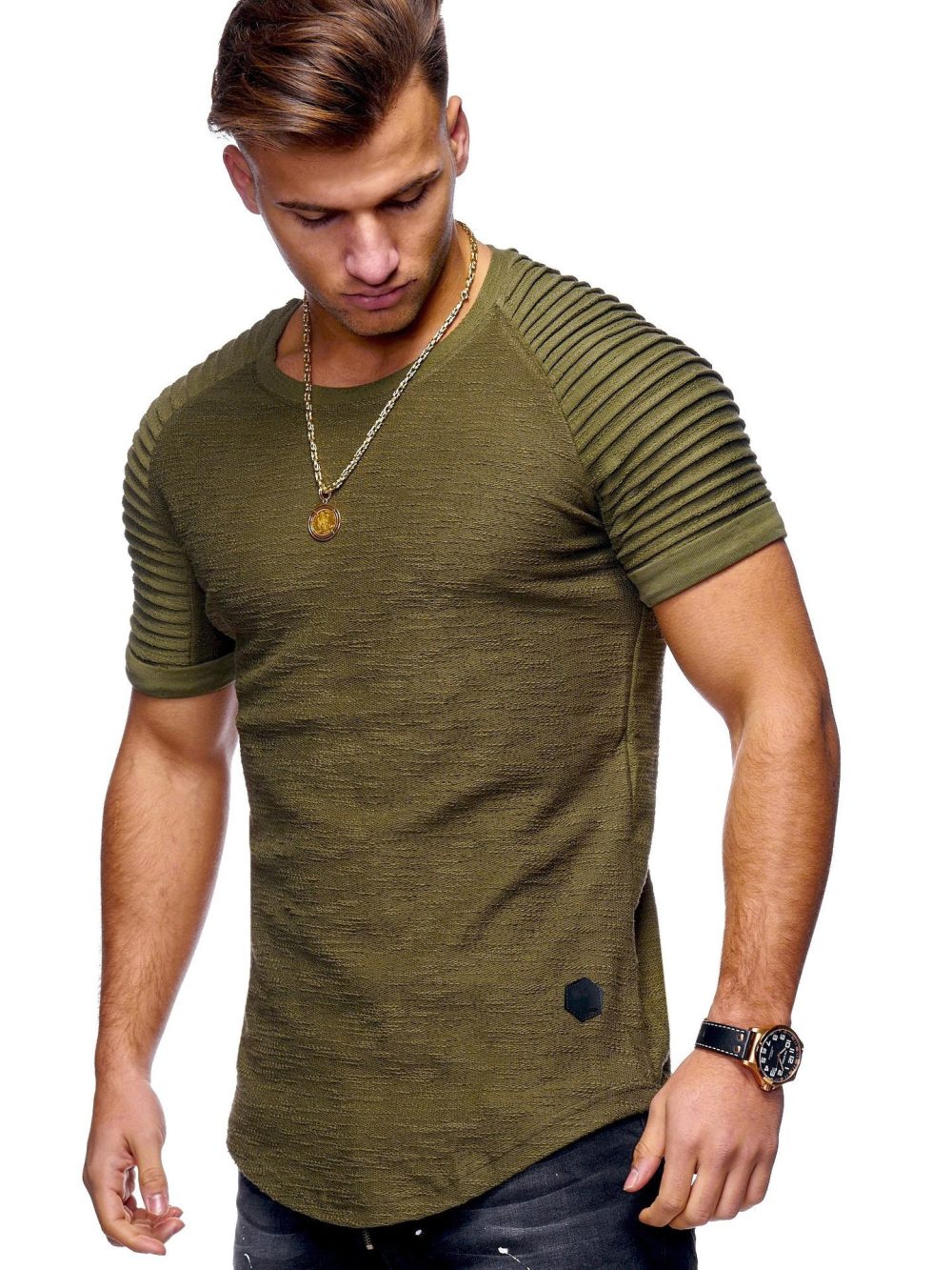 Round neck pleated raglan sleeves solid color men's short T-shirt - Image 3