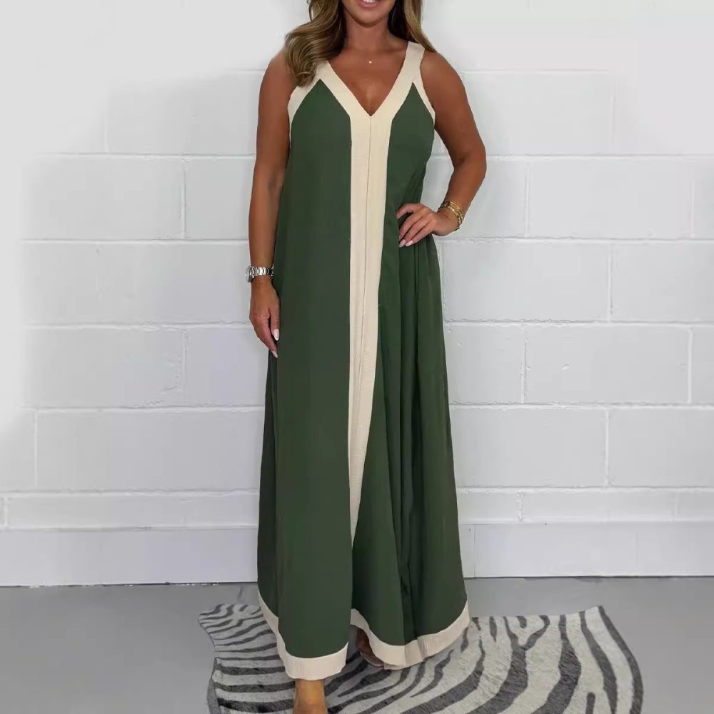 Casual Loose Contrast Color V-neck Sleeveless Long Dress - Image 3