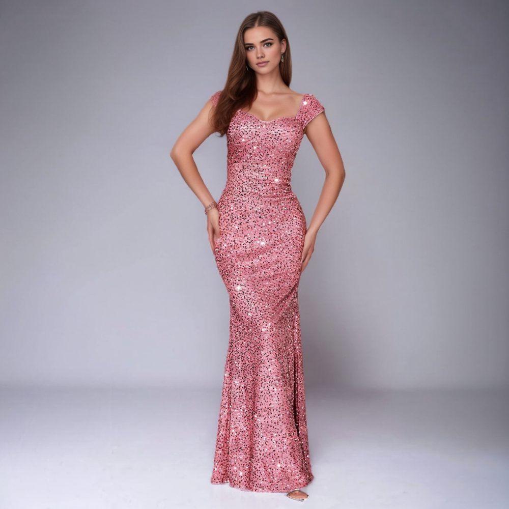 Solid Color And V-neck Sequin Sling High Waist Evening Dress - Image 6