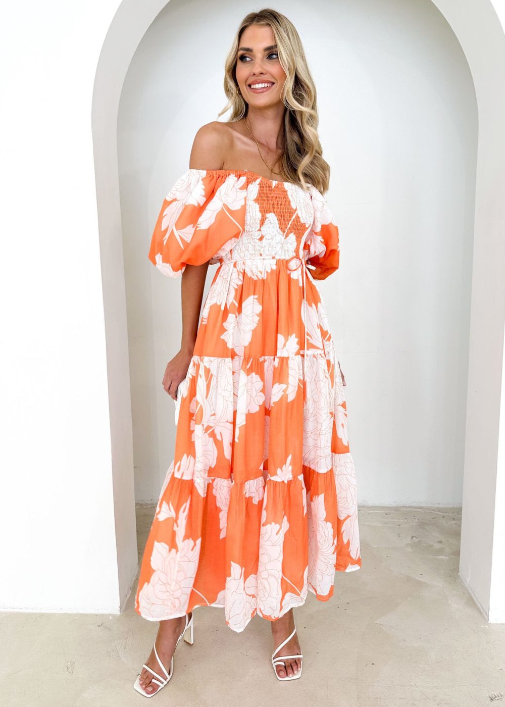 Elegant Floral-print Off-shoulder Puff Sleeve Fashion European And American Style Dress - Image 7