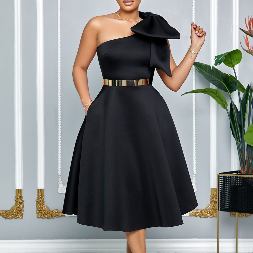 New Fashion Oblique Shoulder Bow Party Dress Big Swing African Dress - Image 2