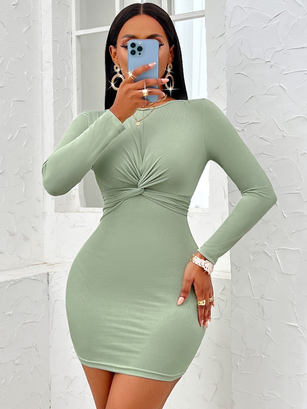 Casual Solid Color Round Neck Twist Long Sleeve Dress - Image 6